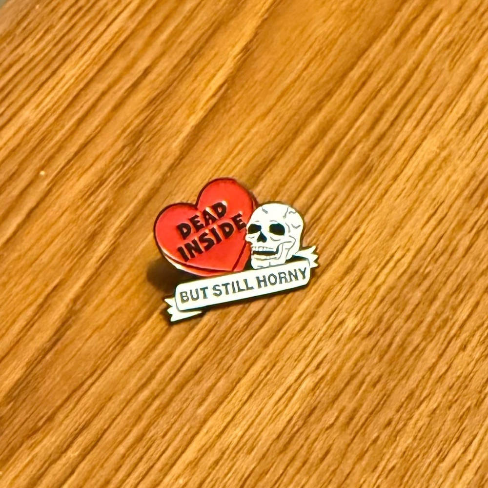 Women’s Jewelry Red Heart and Skull ‘DEAD INSIDE BUT STILL HORNY’ Enamel Pin